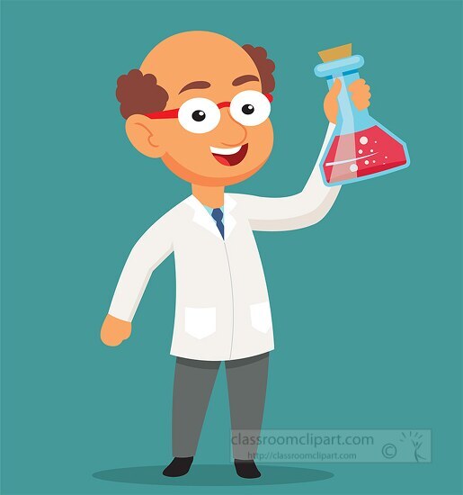 happy scientist holding beaker showing success scientific experi