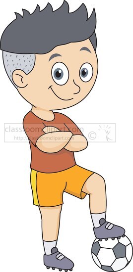 happy soccer player with foot on soccer ball clipart