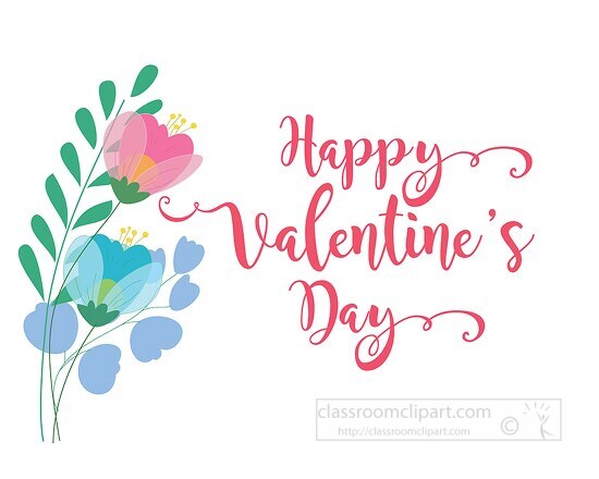 happy valentines day with blue pink flowers clipart