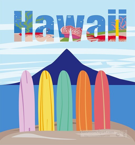 hawaii text vector over beach with surfboard clipart