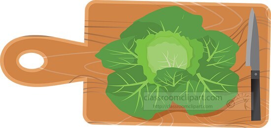 head lettuce on wood cutting board with knife clipart