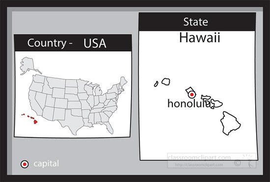 honolulu hawaii state us map with capital bw gray