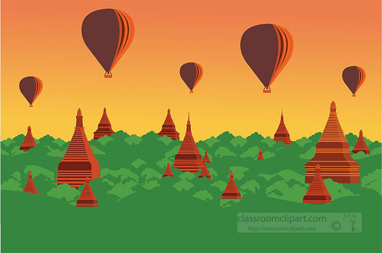 hot air ballooning over bagan myanmar clipart
