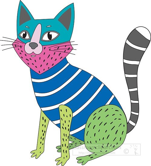 illustrated gray stripped cat with bright colors