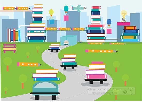 illustration cars with books on road to book city