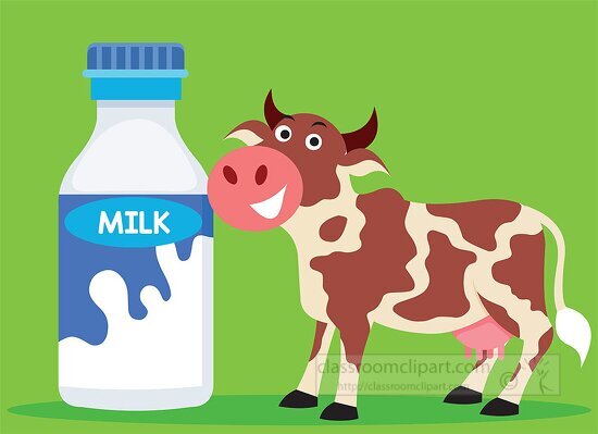 illustration of happy smiling cow with milk bottle clipart