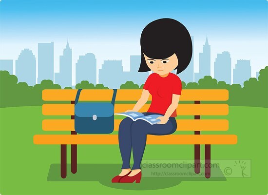 illustration of woman sitting on park bench and reading vector c