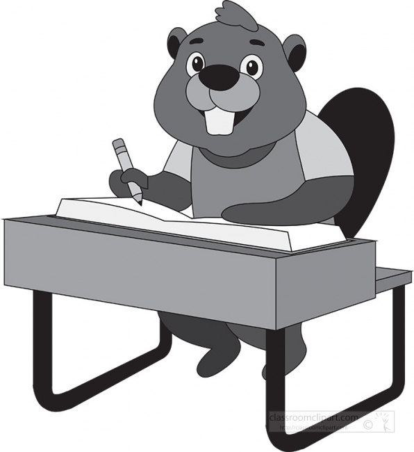 in clasroom beaver character sitting at desk gray color