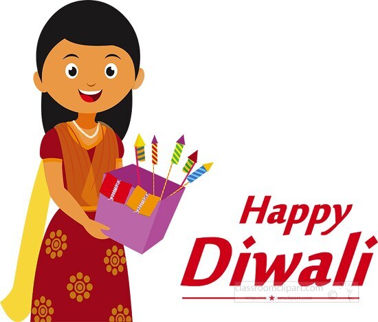 indian lady with fireworks in box diwali clipart