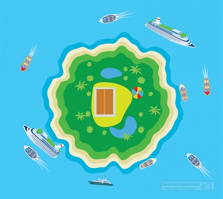 island in oean with boats ships in water clipart