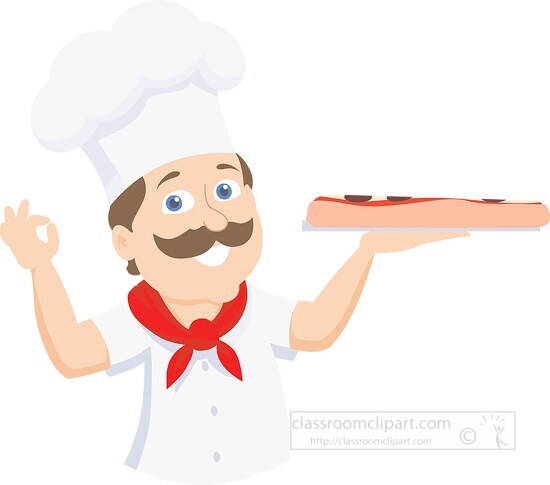 italian chef holding cooked pizza on tray clipart