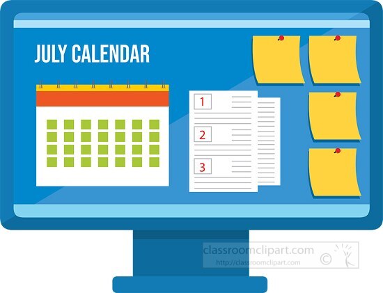 july calendar with post notes on computer screen clipart