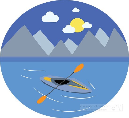 kayak with paddles on lake surrounded by mountains clipart