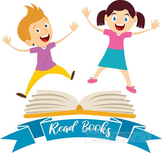 kids jumping in air over large read book sign clipart