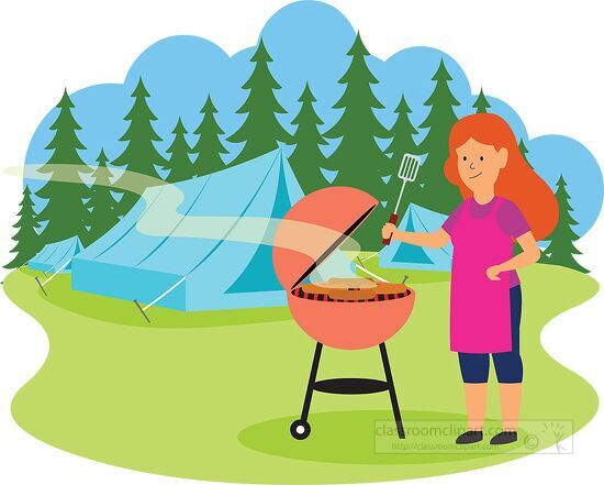 lady enjoying barbeque outdoors while camping clipart