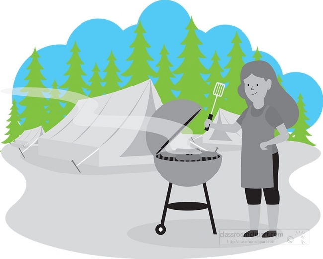 lady enjoying barbeque outdoors while camping gray color