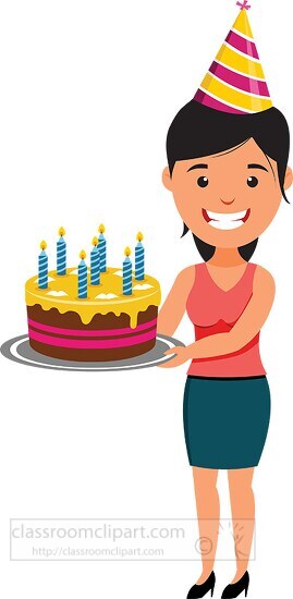 lady holding candle lit birthday cake clipart
