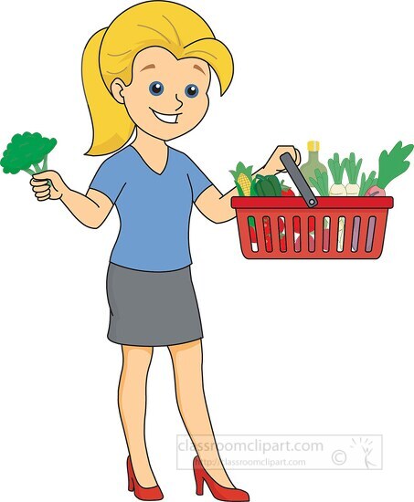 lady with vegetable in basket at grocery store clipart