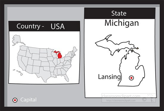 lansing michigan state us map with capital bw gray