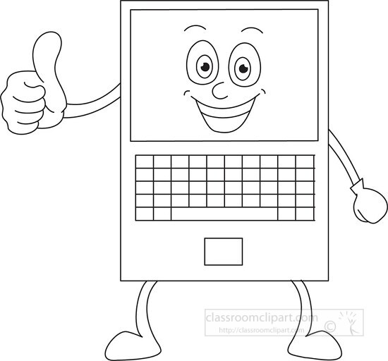 laptop cartoon character with face hands black outline clipart