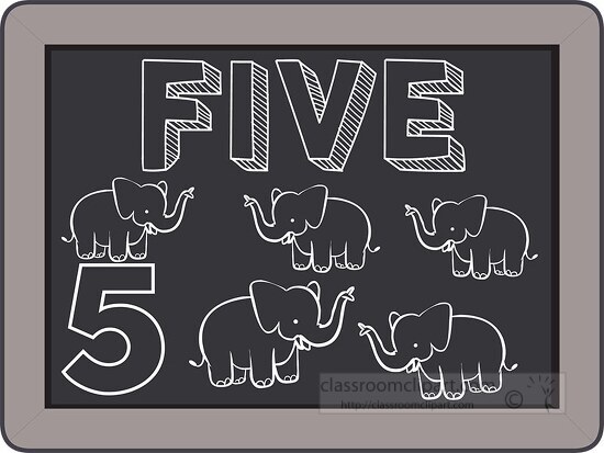 learning number five illustrated with 5 elephants clipart