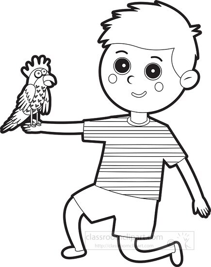 little boy holding pet parrot cartoon black outline