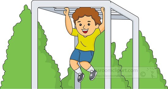 little boy playing on pull up bars in park