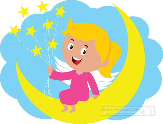little girl angel sittiing on the moon in the clouds