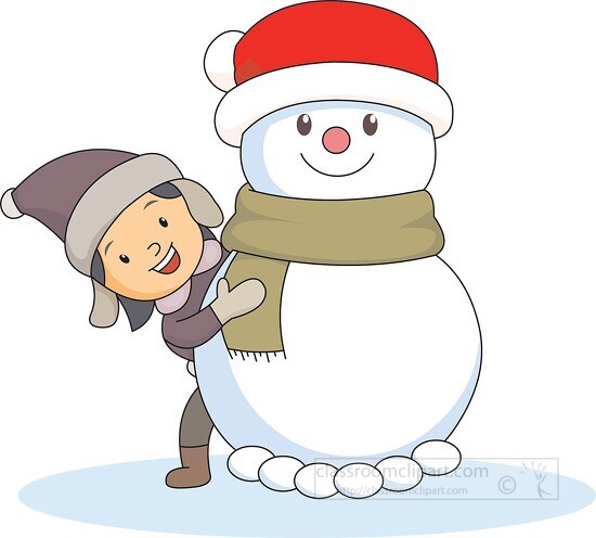 little girl standing behind snaowman happily clipart
