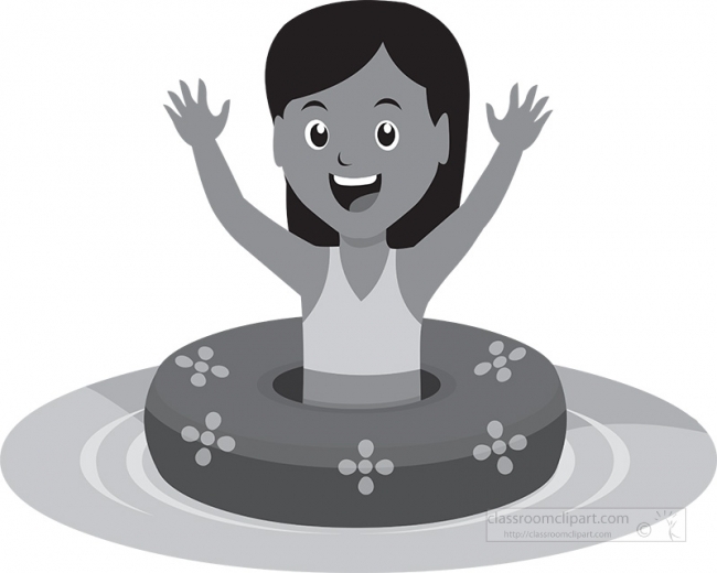 little girl swimming in pool with tube summer gray clipart
