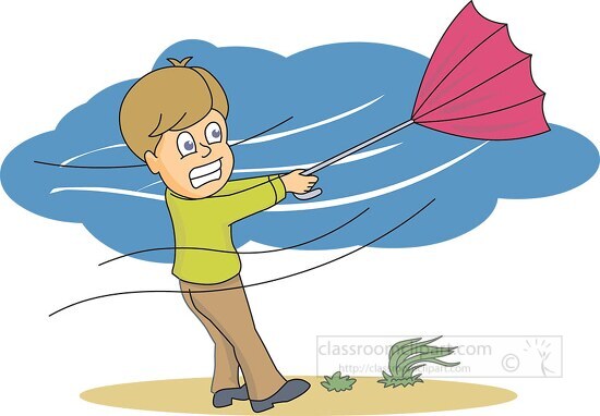 man holding umbrella blowing away in wind