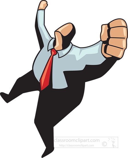 man in a suit and tie is doing a kick with fists in the air