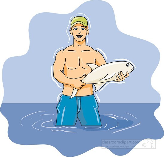 man in water with fish in hands clipart