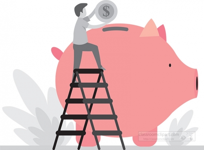man on ladder dropping coin in piggy bank gray color