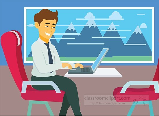 man using laptop while sitting on train travelling clipart