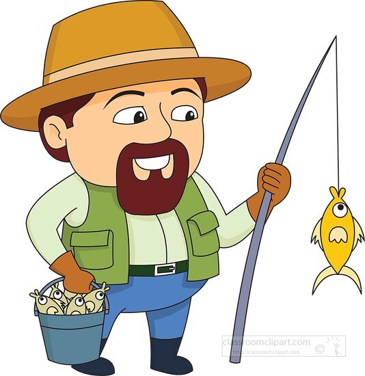 Fishing Clipart-man wearing fishing vest with fishing pole bucket