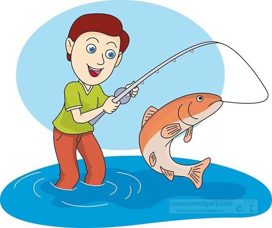 Fishing Clipart-man with large trout on fishing rod clipart
