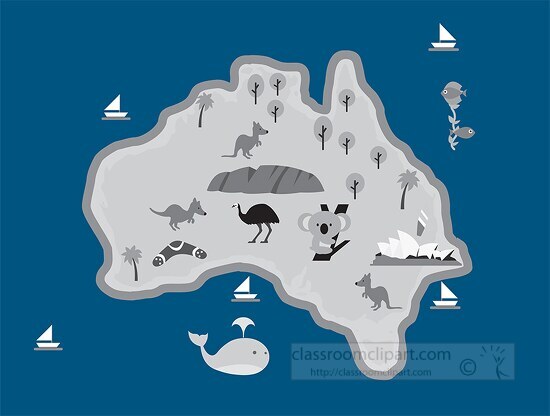 map of australia with animals and landmarks gray color