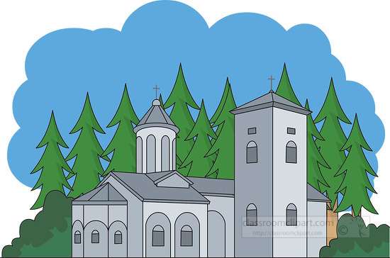 monastery in mountains with trees clipart 389