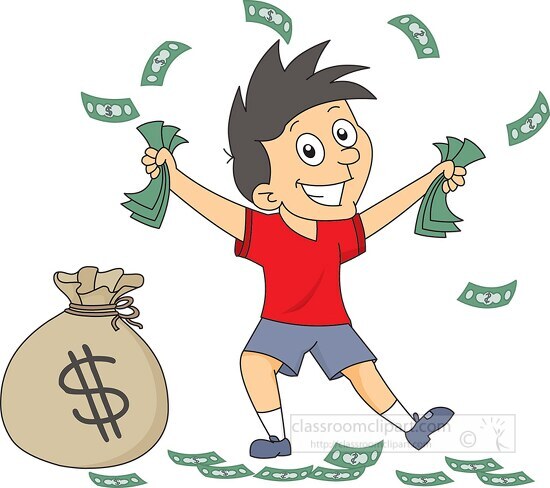 money flying around boy holding cash in hands clipart