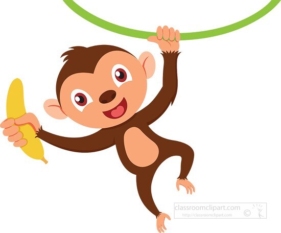 monkey holding banana hanging from tree clipart