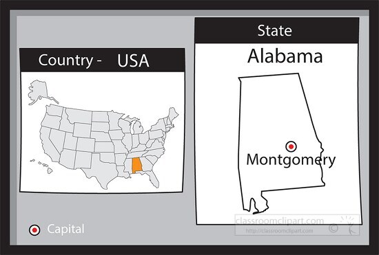 montgomery alabama state us map with capital bw gray