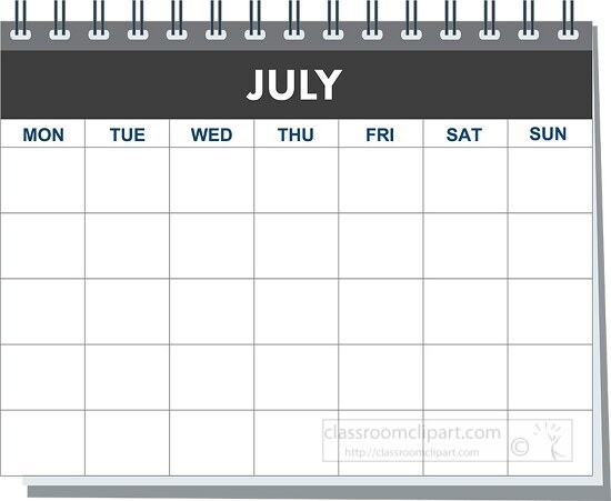 month spiral july calendar black white clipart