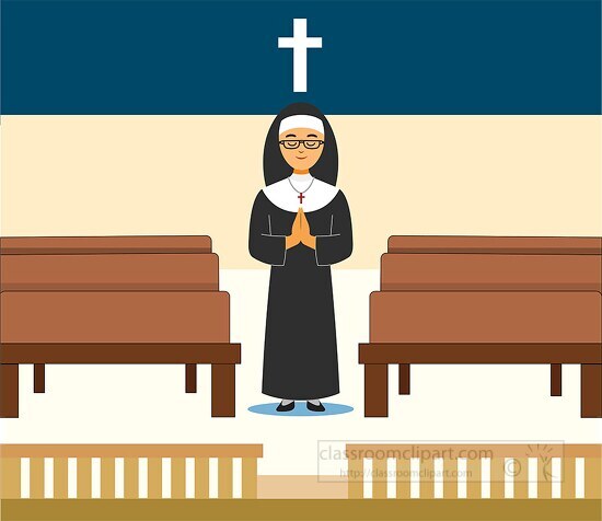 nun standing in church to pray clipart