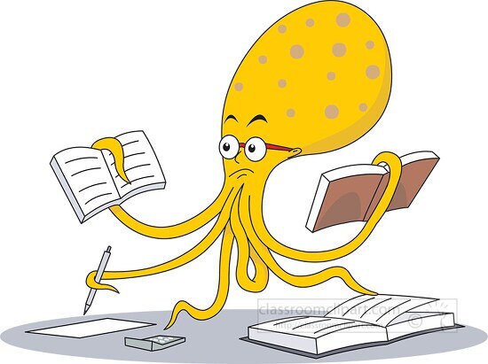 octopus performing many school tasks clipart