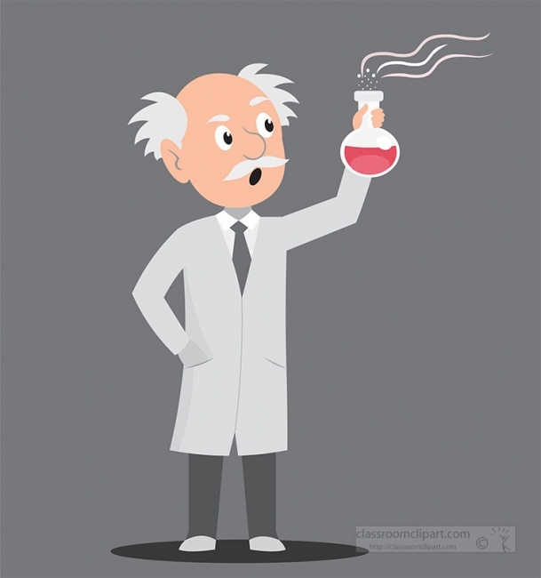 old scientist holding beaker performing science experiment gray 