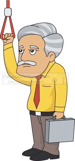 older passenger standing in train holding handle clipart