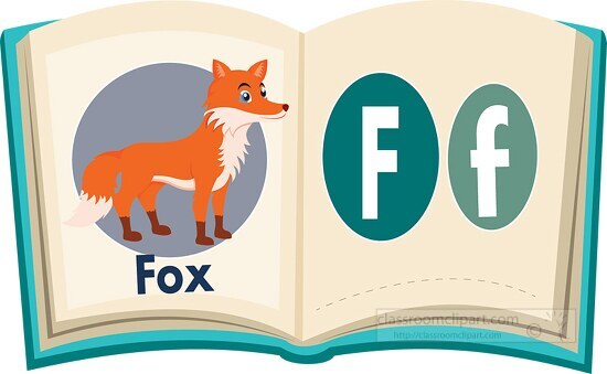 open book with letter of alphabet letter F for fox