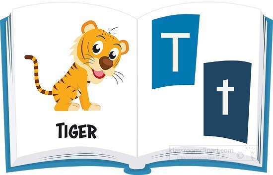 open book with letter of alphabet letter T for tiger