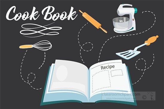 open recipe book with cooking supplies clipart